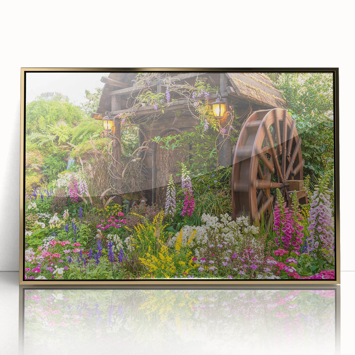 Framed acrylic wall art featuring a picturesque landscape with windmills, showcasing golden hues and intricate details, perfect for home decor enhancement.