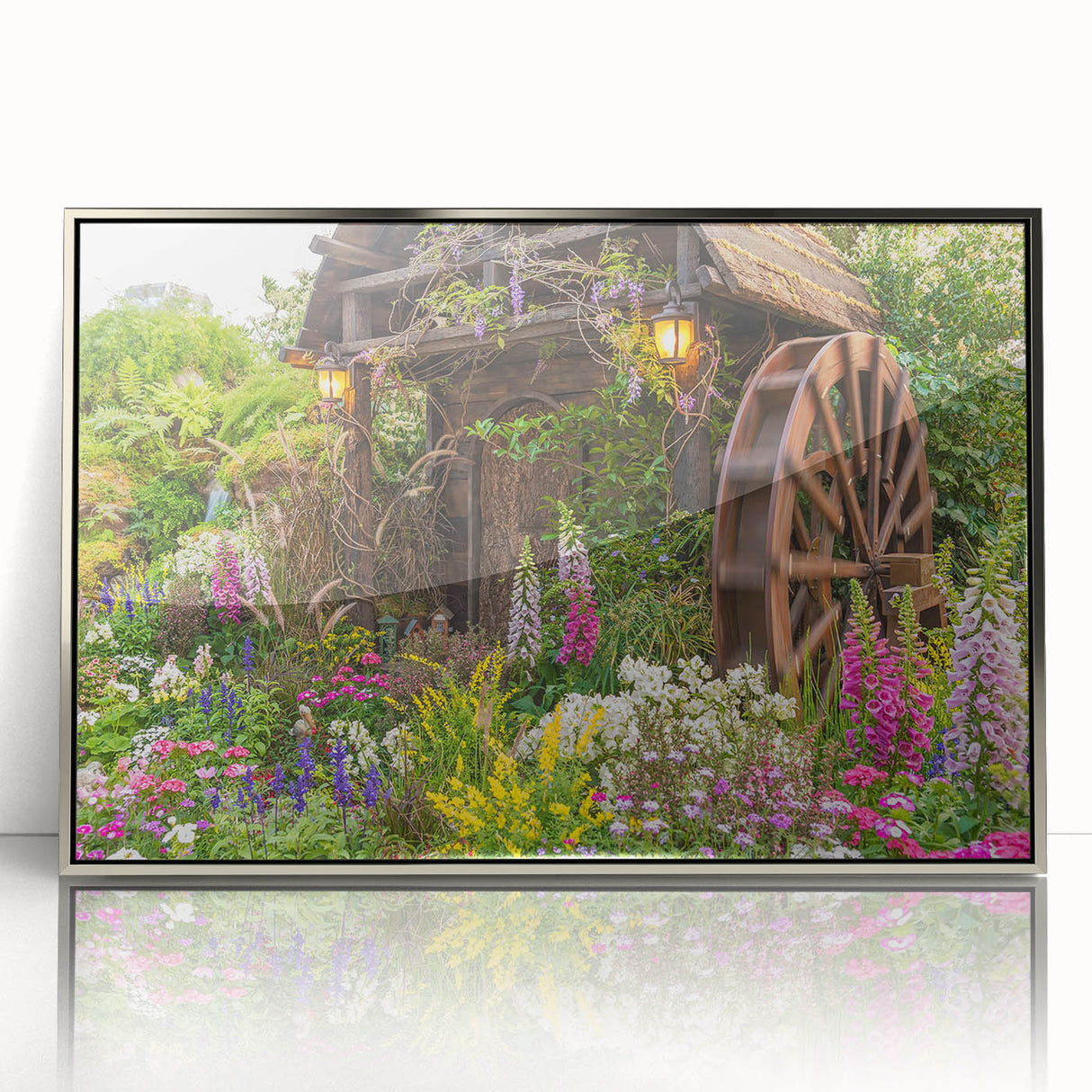Framed wall art featuring a picturesque landscape with windmills, designed in a modern aesthetic, showcasing silver accents and high-quality acrylic for a striking visual appeal. Perfect for enhancing home decor with a touch of elegance and tranquility.