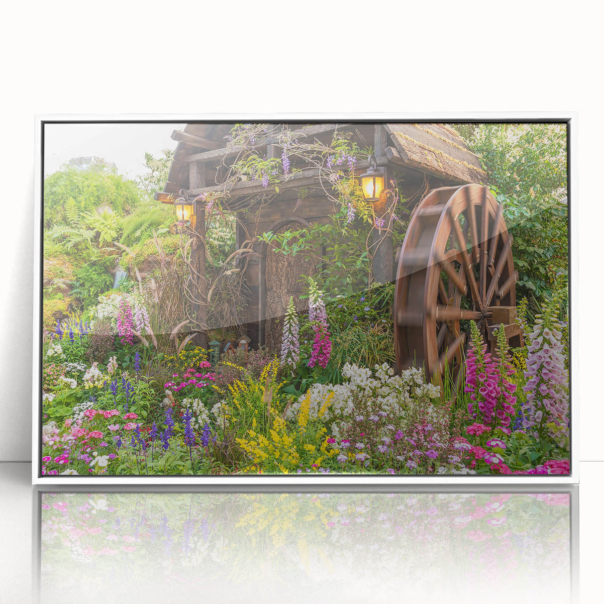 Framed wall art collection showcasing a serene landscape with windmills, featuring a white frame and acrylic front view, perfect for enhancing modern decor.