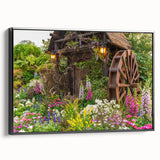 Framed canvas wall art showcasing a serene landscape with windmills, featuring a black frame and vibrant colors, perfect for home decor or office ambiance.