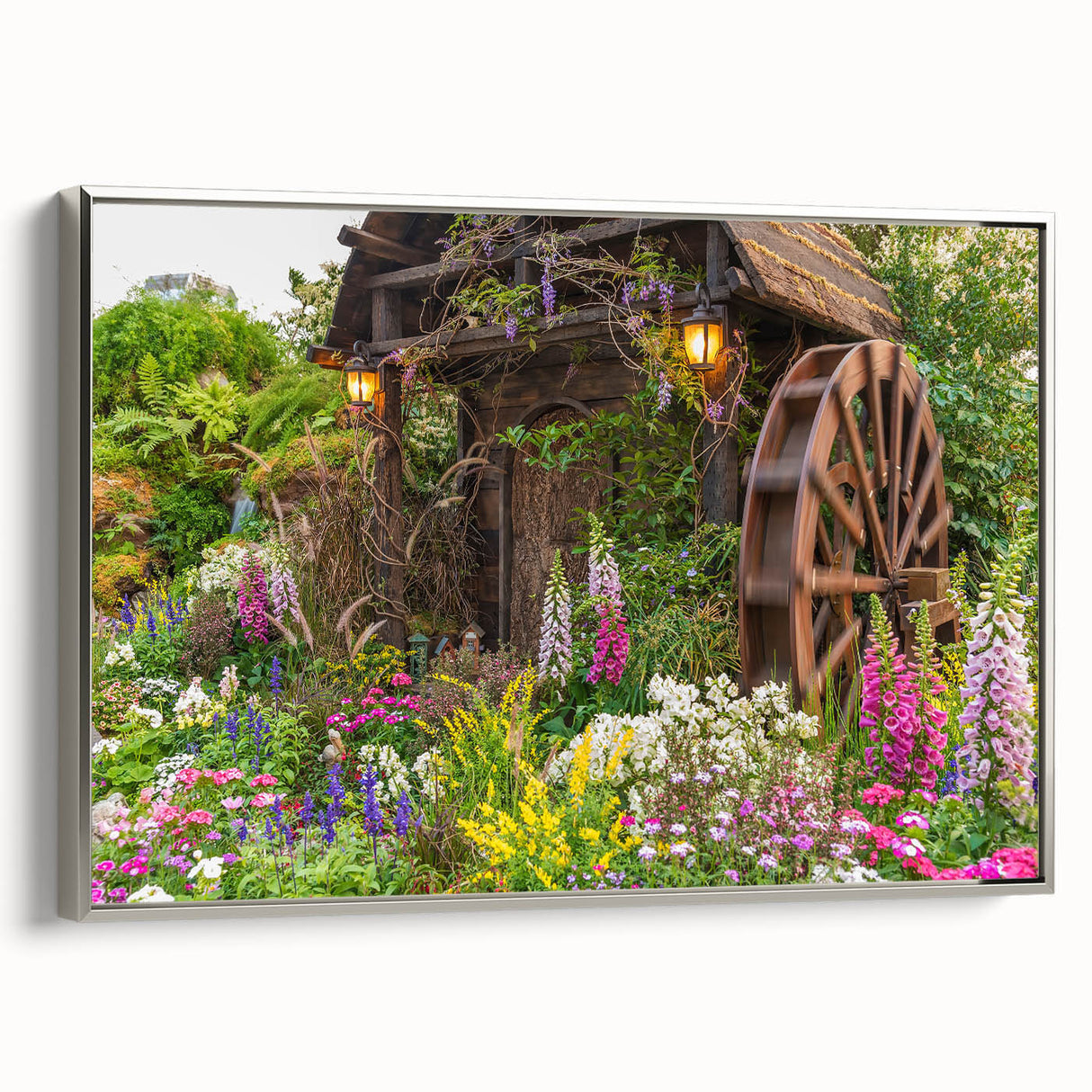 Framed wall art featuring a serene landscape with windmills, showcasing a silver frame and soft color palette, perfect for enhancing home decor aesthetics.