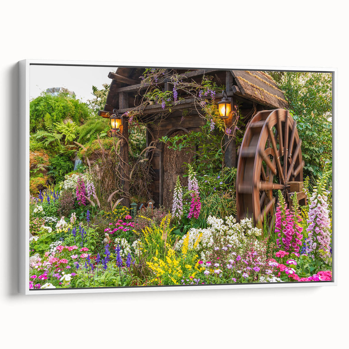 Framed canvas wall art depicting serene landscapes with windmills, featuring a white frame and side view, perfect for enhancing modern home decor.