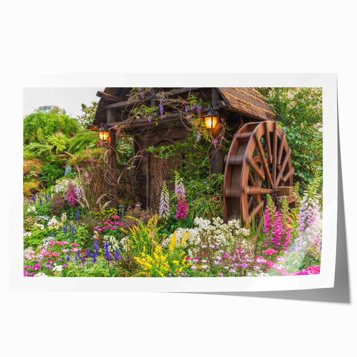 Vibrant rolled print of a scenic landscape featuring windmills against a dramatic sky, showcasing rich colors and detailed textures, perfect for home decor.