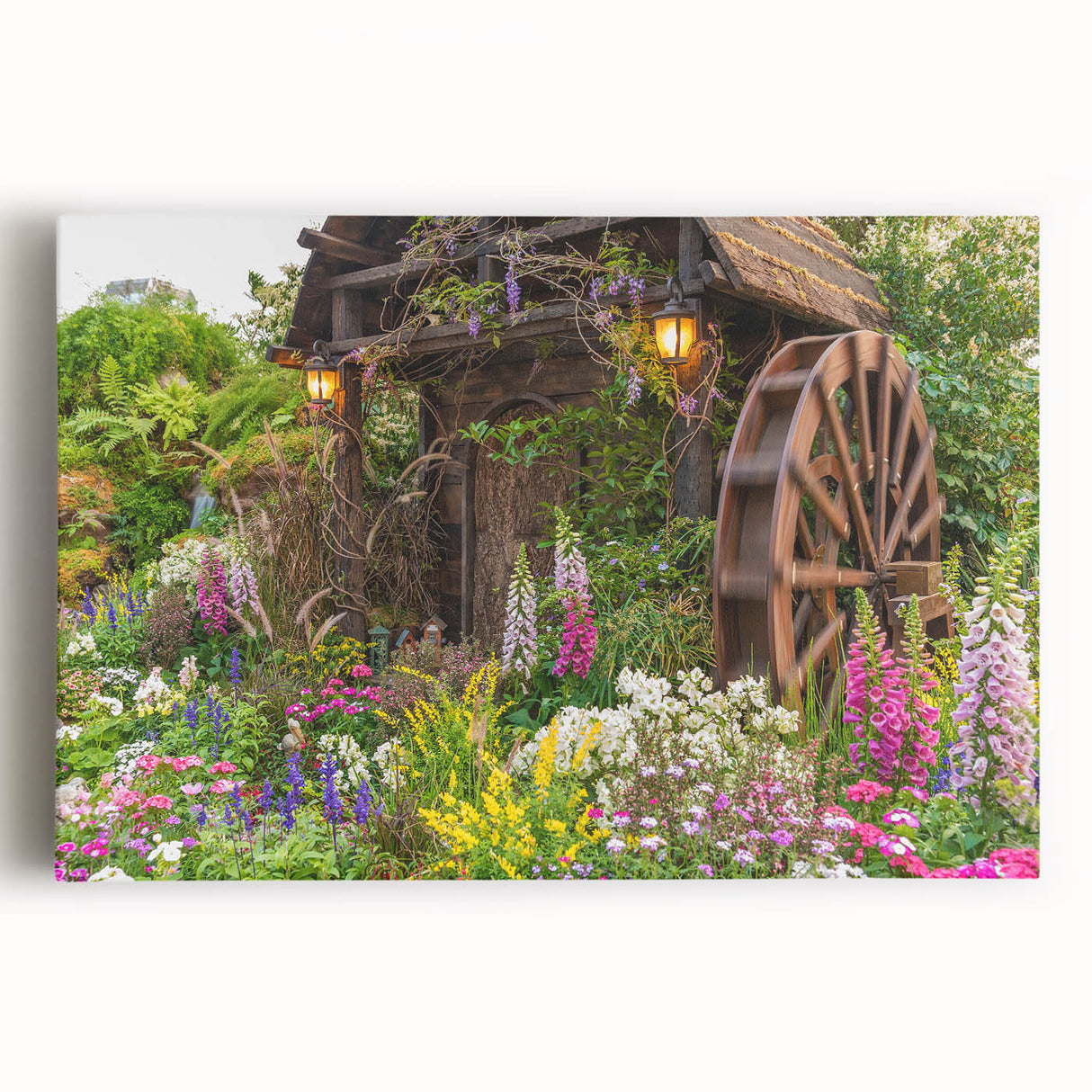 Stretched canvas wall art showcasing a scenic landscape with windmills under a vibrant blue sky, perfect for home decor or office aesthetics.