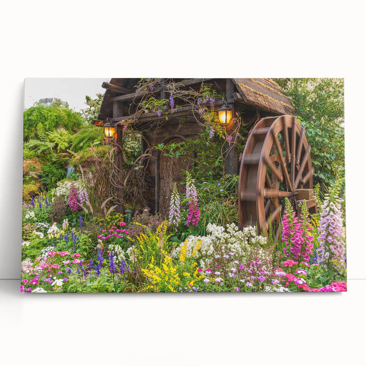 Stretched canvas artwork showcasing a vibrant landscape with windmills, set against a serene sky, perfect for home decor and enhancing interior aesthetics.
