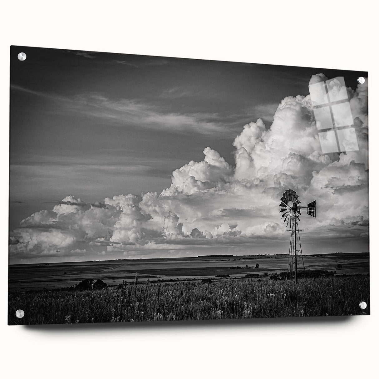 Acrylic glass wall art showcasing a vibrant landscape with windmills, presented in a side view to highlight its intricate details and modern design elements. Perfect for adding a touch of elegance to home decor.