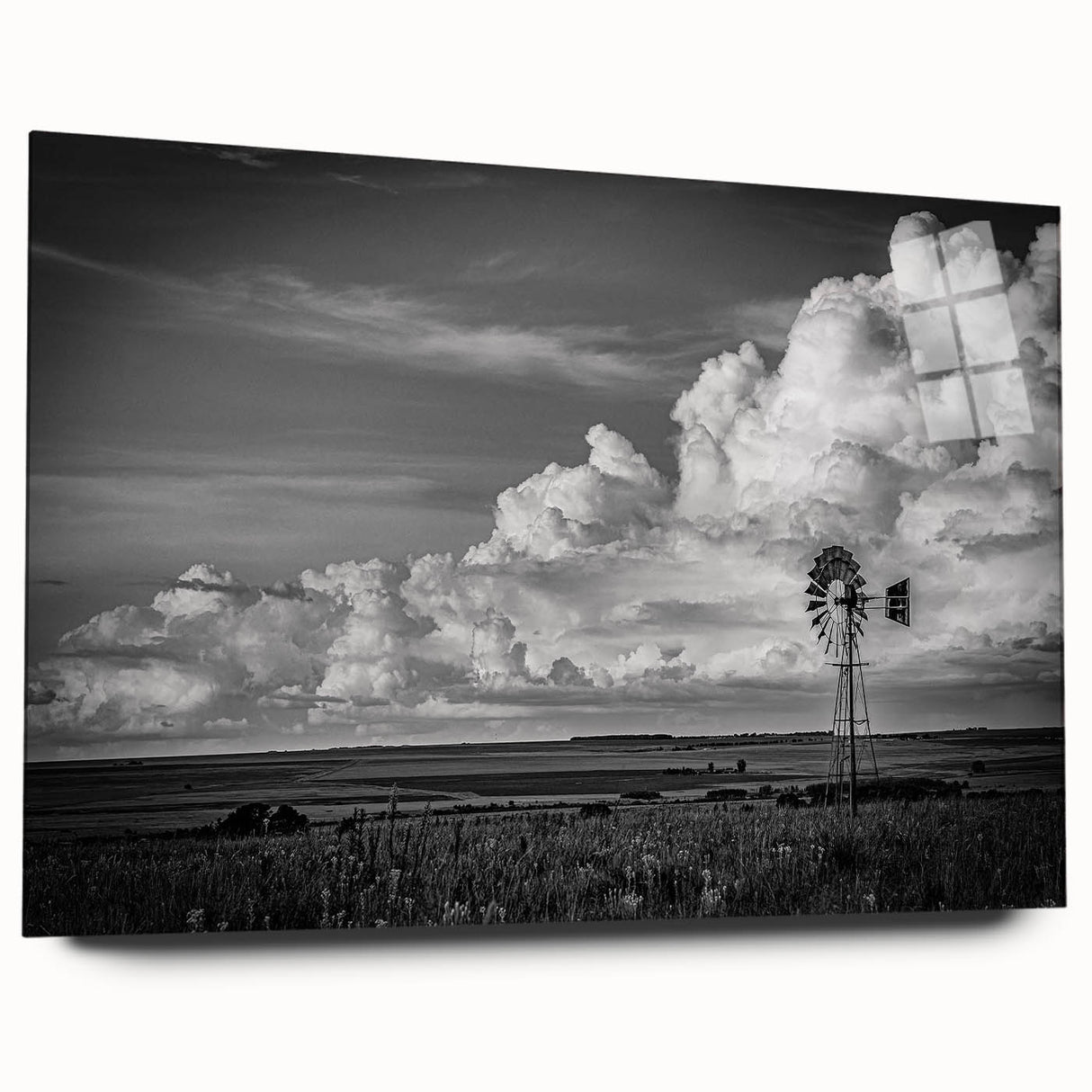Acrylic wall art collection showcasing a vibrant landscape with windmills, highlighting bold colors and intricate details, ideal for modern home decor.