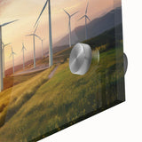 Close-up of a vibrant acrylic wall art piece showcasing a picturesque landscape with windmills, featuring rich colors and intricate details, perfect for home decor.