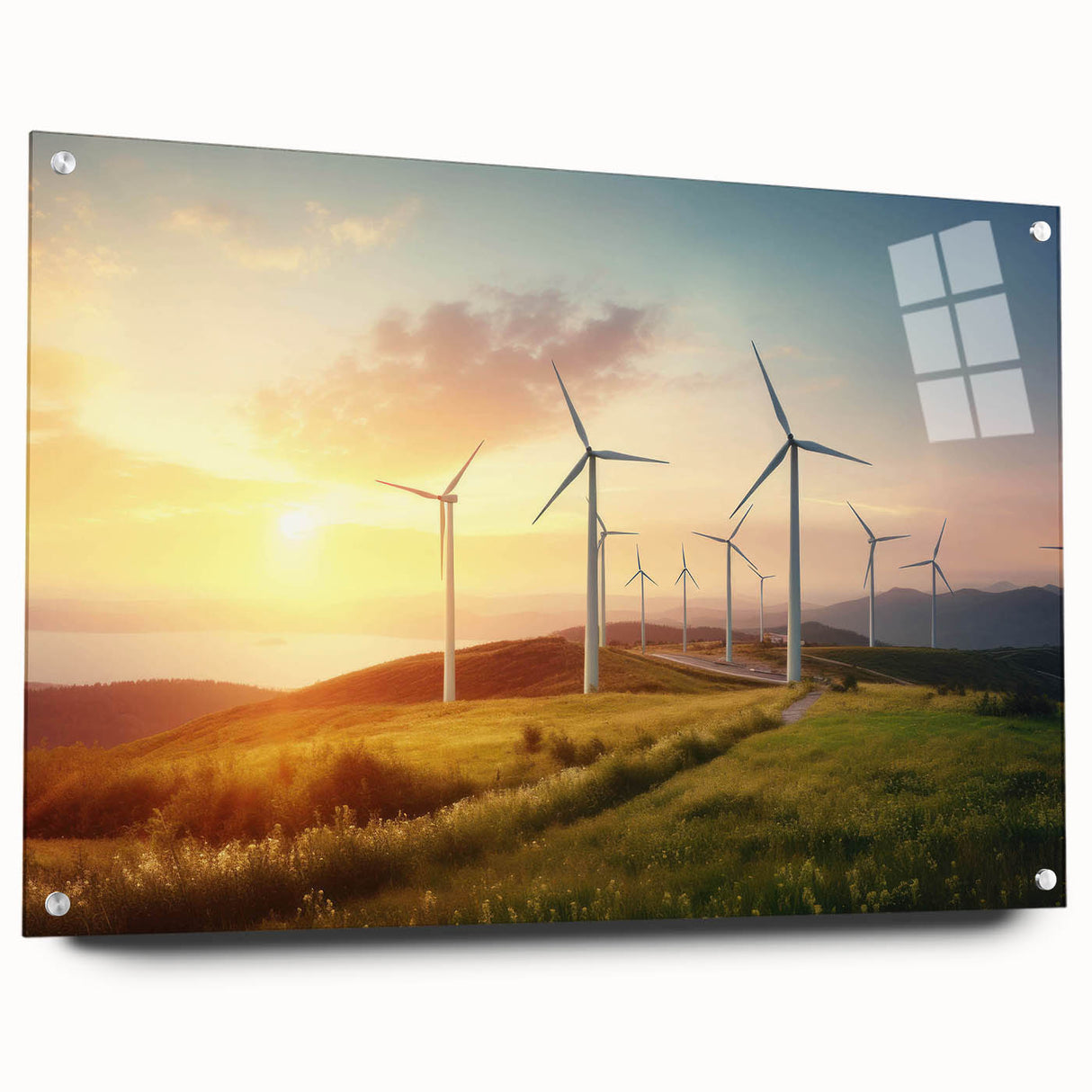 Side view of a vibrant acrylic glass wall art piece featuring windmill landscapes, showcasing intricate details and vivid colors, ideal for modern home decor.