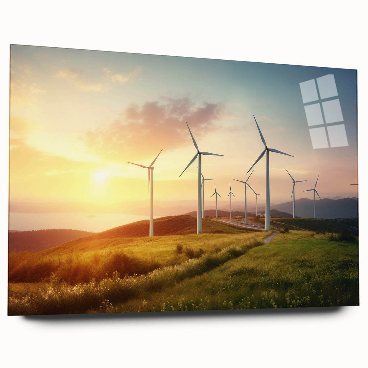 Acrylic wall art design showcasing a vibrant landscape with windmills, presented in a side view without pins, ideal for modern home decor.