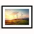 Black-framed wall art showcasing a serene landscape featuring windmills, ideal for home decor. The artwork is elegantly matted, enhancing its visual appeal.