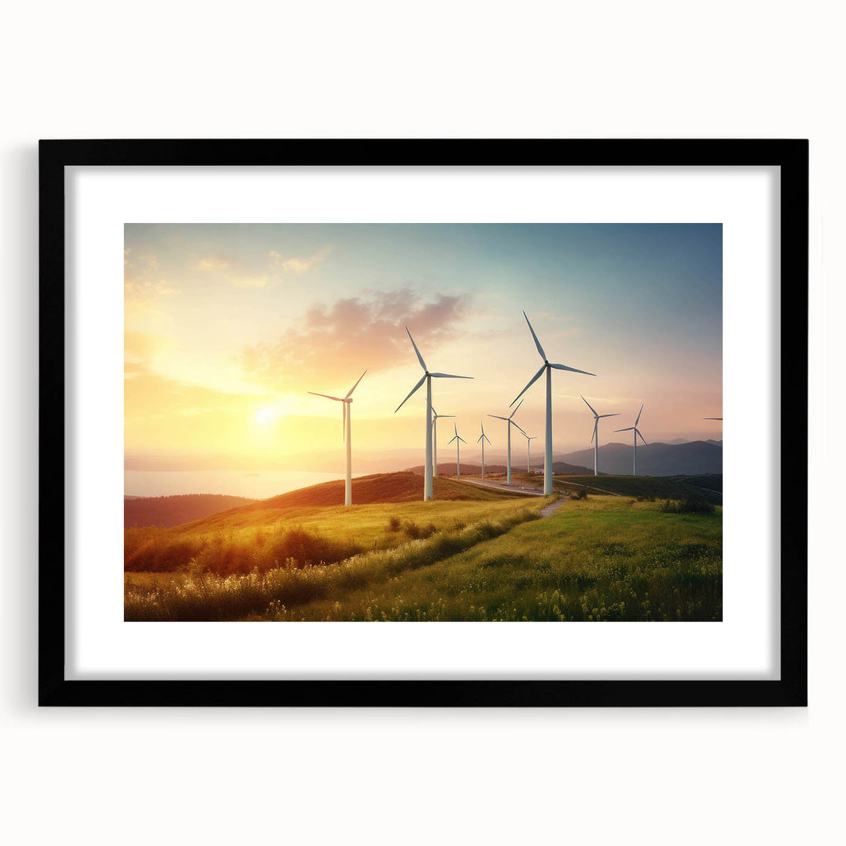 Black-framed wall art showcasing a serene landscape featuring windmills, ideal for home decor. The artwork is elegantly matted, enhancing its visual appeal.