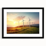 Black-framed wall art showcasing a serene landscape featuring windmills, ideal for home decor. The artwork is elegantly matted, enhancing its visual appeal.