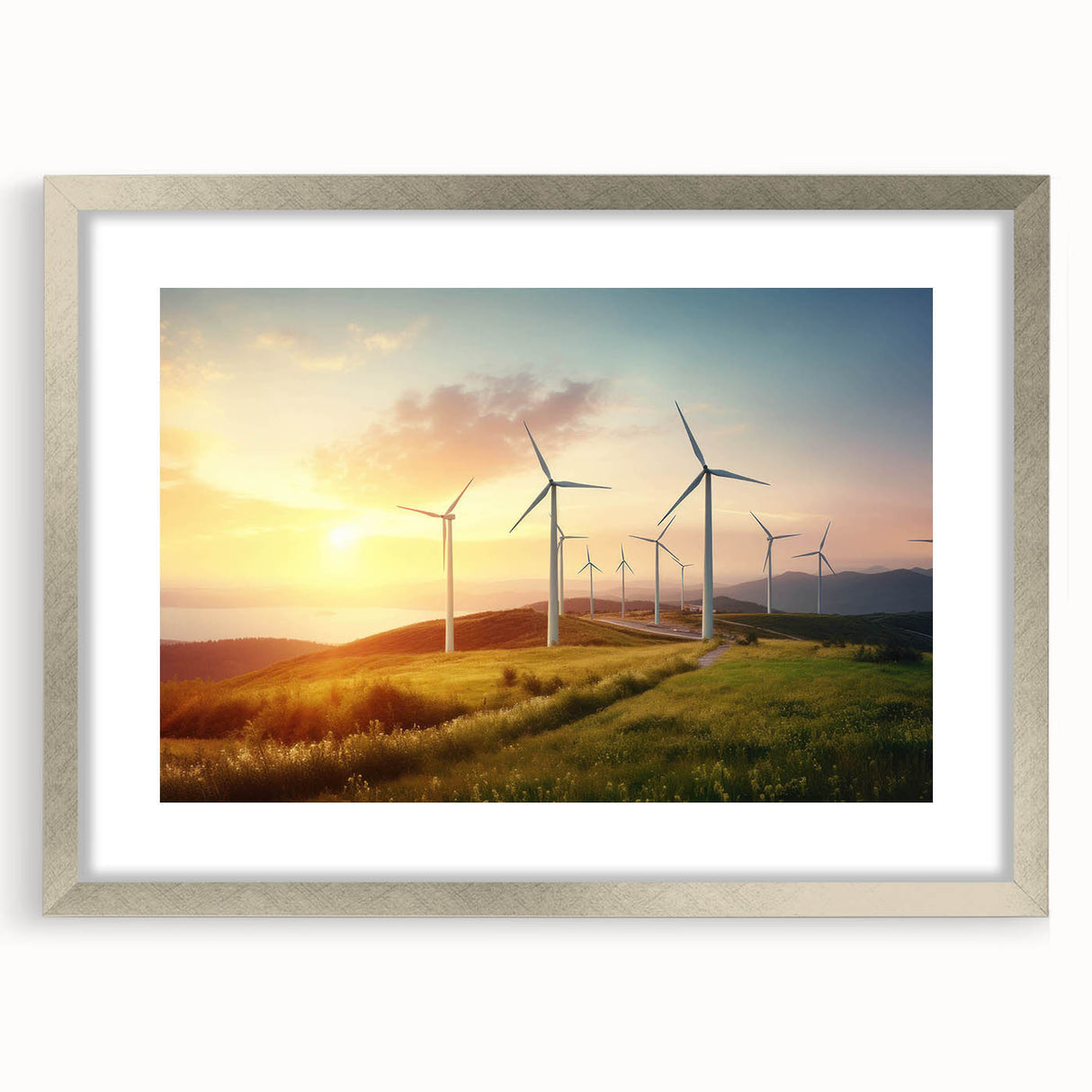Framed wall art showcasing a serene landscape with windmills, featuring a silver frame and mat, perfect for enhancing home decor and adding a touch of elegance.