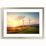 Framed wall art showcasing a serene landscape with windmills, featuring a silver frame and mat, perfect for enhancing home decor and adding a touch of elegance.