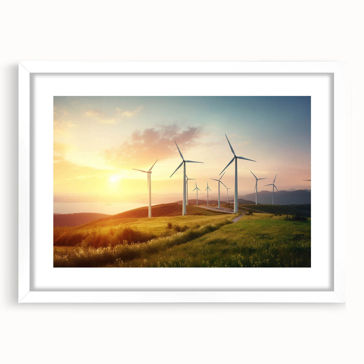 Framed wall art featuring a serene landscape with windmills, set against a soft pastel sky. The white mat and frame enhance its elegant presentation, perfect for home decor.