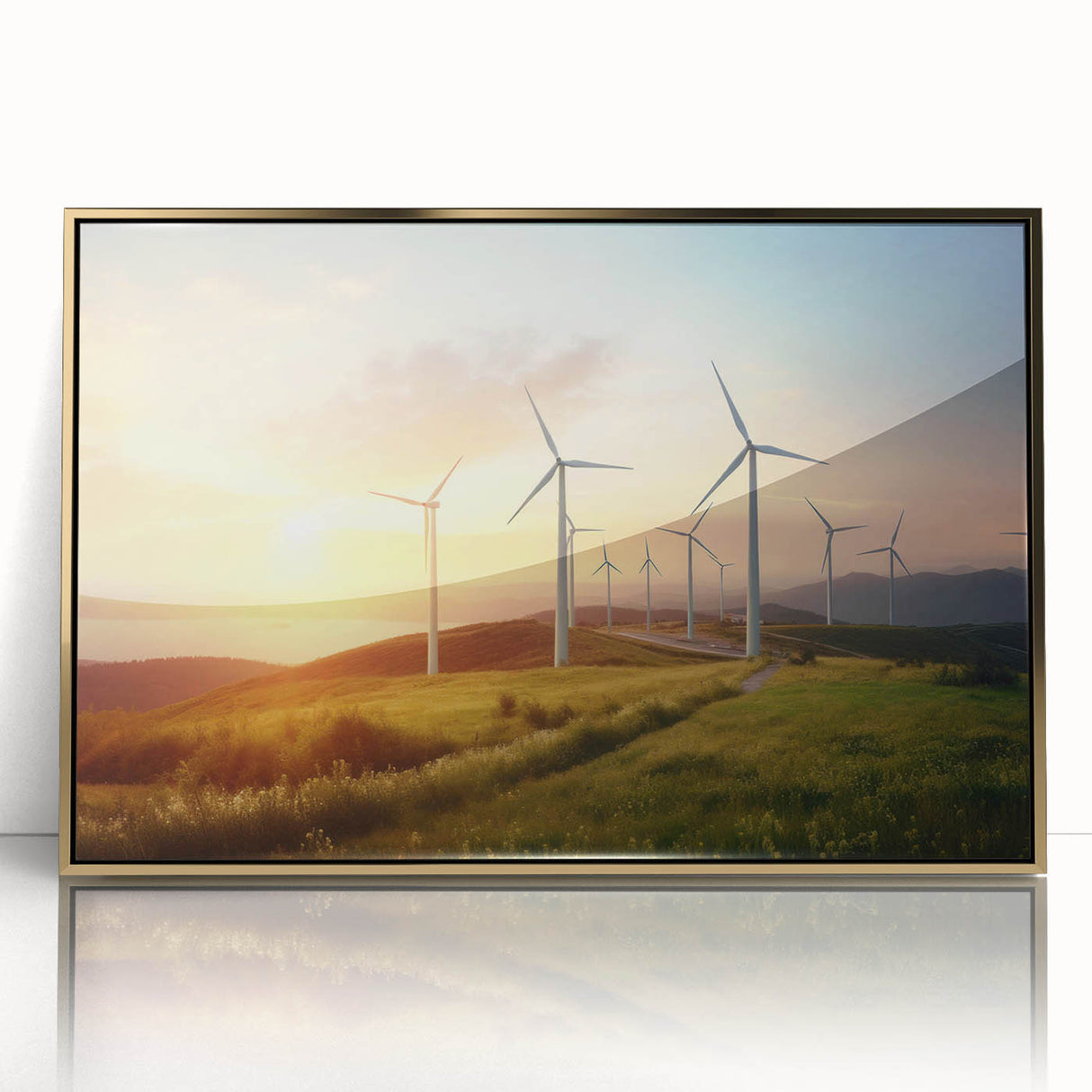 Framed wall art featuring a scenic landscape with windmills, set in a stylish gold frame. The design showcases vibrant colors and intricate details, perfect for home decor.