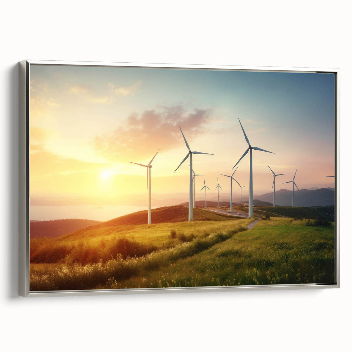 Framed canvas wall art showcasing a serene landscape with windmills against a sunset backdrop, elegantly designed with a silver frame, perfect for home decor.