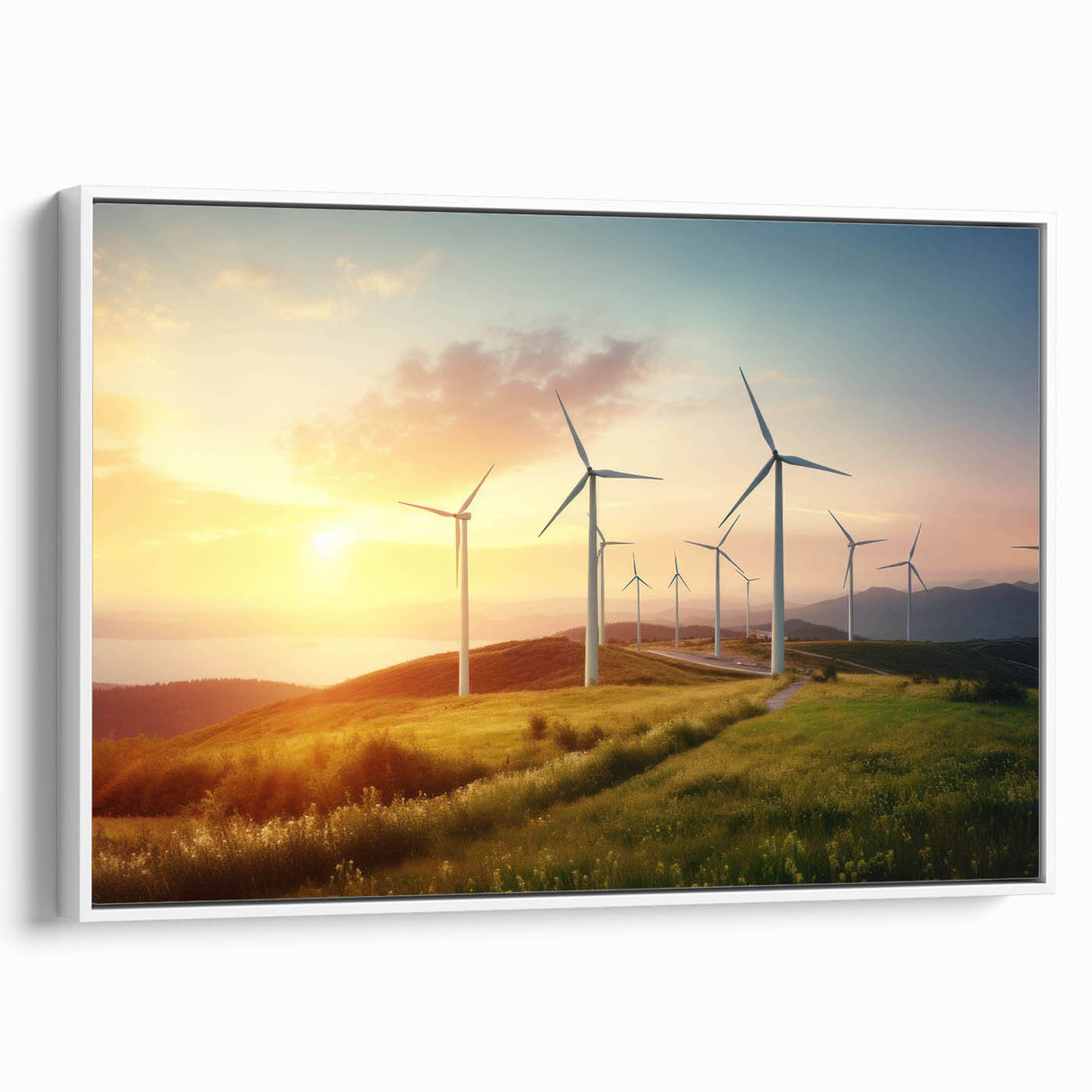 Framed canvas wall art showcasing a serene landscape with windmills against a clear blue sky, featuring a white frame that enhances the artwork's elegance. Ideal for modern home decor.