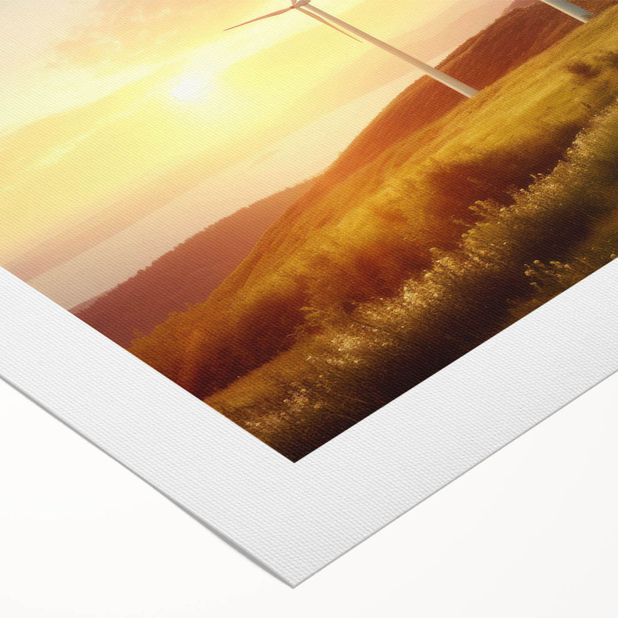 Rolled canvas artwork showcasing a serene landscape with windmills against a vibrant sunset, ideal for home decor. Perfect addition to modern interiors, enhancing ambiance.