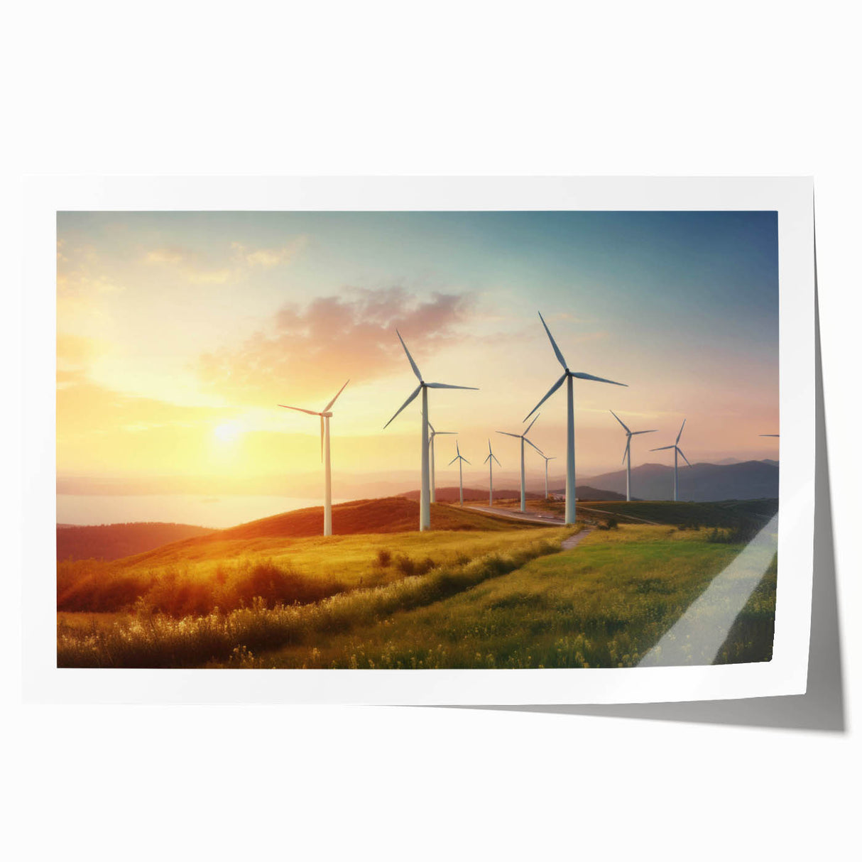 Rolled print showcasing a serene landscape featuring windmills against a vibrant sunset, ideal for home decor. Perfect for adding a touch of tranquility and charm.