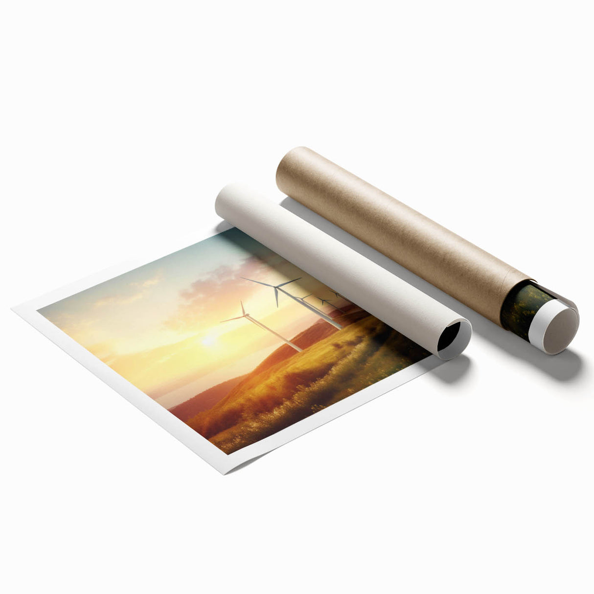 Windmill landscape wall art print showcasing a serene countryside scene with vibrant colors, rolled and ready for display, ideal for home decor enthusiasts.