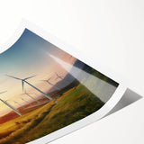 Rolled print of a serene landscape featuring windmills against a vibrant sunset, showcasing rich colors and detailed textures, ideal for home decor enhancement.