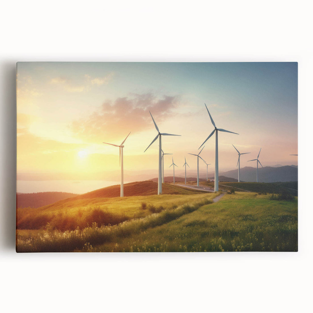Stretched canvas wall art featuring a vibrant landscape with windmills, showcasing a colorful sunset sky and lush greenery, perfect for enhancing home decor.