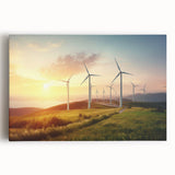 Stretched canvas wall art featuring a vibrant landscape with windmills, showcasing a colorful sunset sky and lush greenery, perfect for enhancing home decor.