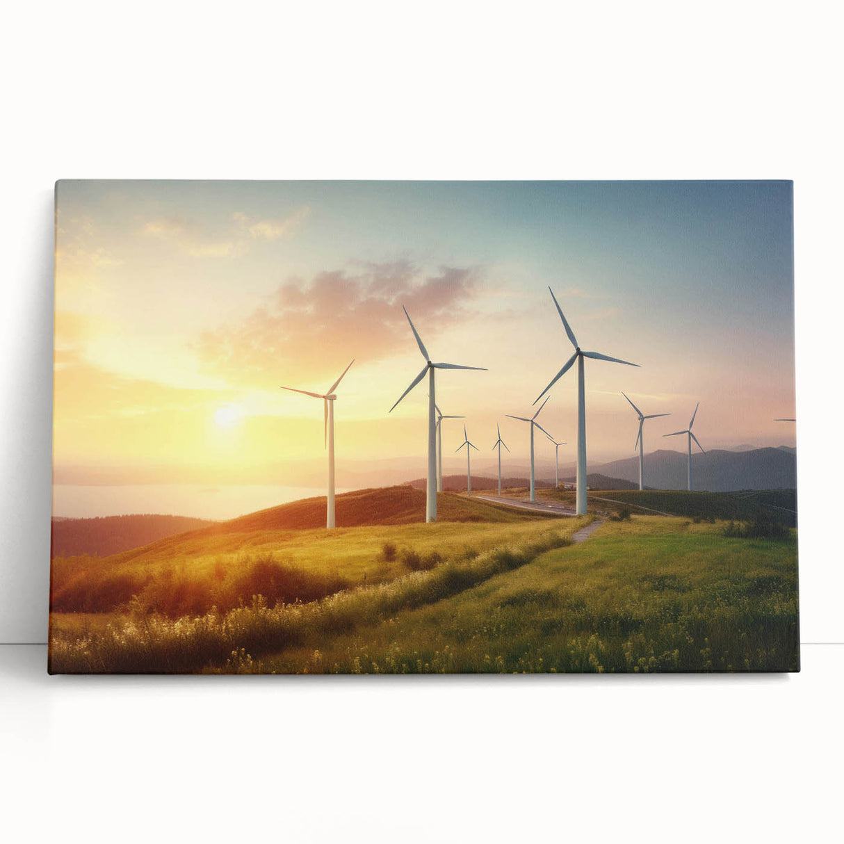 Stretched canvas wall art showcasing a serene landscape with windmills, featuring soft pastel colors and a modern design, perfect for home decor.