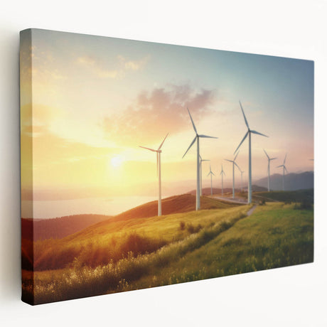 Stretched canvas wall art showcasing a vibrant landscape with windmills, featuring rich colors and intricate details, perfect for home decor and modern interiors.
