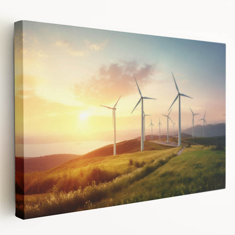 Stretched canvas wall art showcasing a vibrant landscape with windmills, featuring rich colors and intricate details, perfect for home decor and modern interiors.