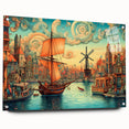 Acrylic glass wall art piece depicting a serene landscape with windmills, showcasing vibrant colors and detailed textures, ideal for modern home decor.
