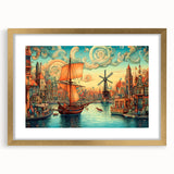 Elegant wall art collection featuring a landscape design with windmills, framed in a gold mat, showcasing a serene countryside scene perfect for home decor.