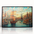 Framed wall art featuring a picturesque landscape of windmills against a vibrant sunset, highlighted by a sleek black frame, ideal for home decor enhancement.
