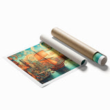 Vibrant rolled print of a serene landscape featuring iconic windmills against a sunset backdrop, perfect for home decor or art enthusiasts.