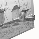 Close-up of a vibrant acrylic glass artwork showcasing a landscape with windmills, featuring rich colors and intricate details, perfect for modern home decor.