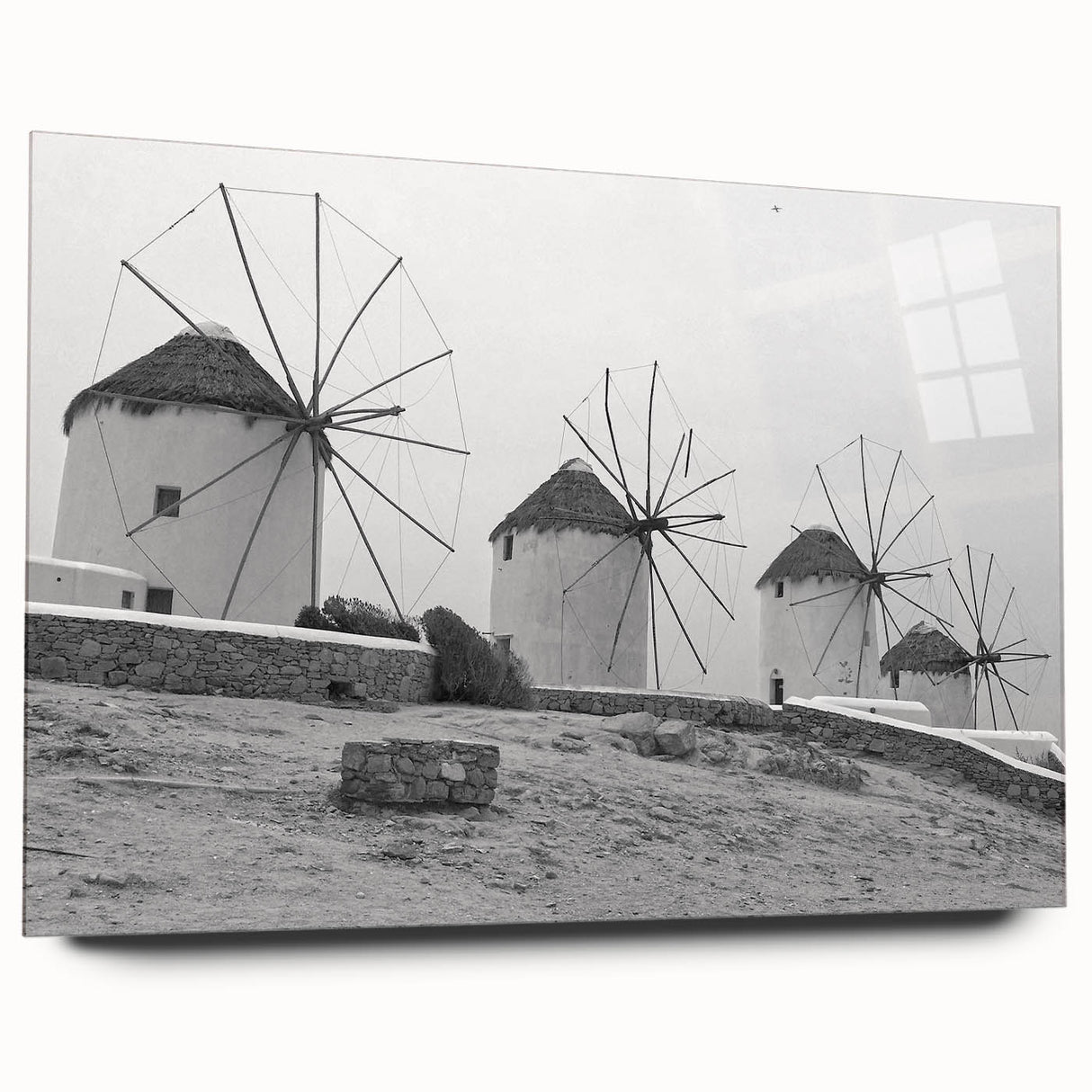 Acrylic wall art collection showcasing a serene landscape with windmills under a clear blue sky, side view highlighting the sleek design and vibrant colors. Perfect for modern home decor, adding a touch of tranquility and elegance to any room.