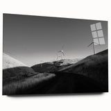Acrylic glass wall art collection showcasing a serene landscape with windmills under a bright blue sky, designed for modern home decor. The side view highlights the sleek finish and vibrant colors, making it a perfect accent piece for any living space.