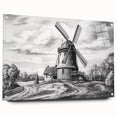 Acrylic wall art design featuring a serene landscape with windmills, displayed in a side view showcasing vibrant colors and artistic details, ideal for modern home decor.