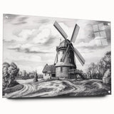 Acrylic wall art design featuring a serene landscape with windmills, displayed in a side view showcasing vibrant colors and artistic details, ideal for modern home decor.