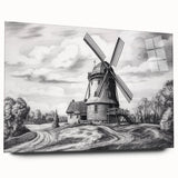 Vibrant wall art collection showcasing a side view of colorful windmills against a serene landscape, printed on acrylic glass for modern decor settings.
