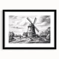Framed black wall art collection showcasing scenic landscapes with windmills, featuring a modern design and matting for an elegant presentation. Ideal for home decor.