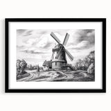 Framed black wall art collection showcasing scenic landscapes with windmills, featuring a modern design and matting for an elegant presentation. Ideal for home decor.