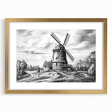 Framed wall art collection featuring a serene landscape with windmills, highlighted by a gold mat and frame, perfect for enhancing home decor aesthetics.