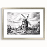 Framed wall art collection showcasing a serene landscape with windmills, elegantly bordered by a silver mat, perfect for home decor enhancement.