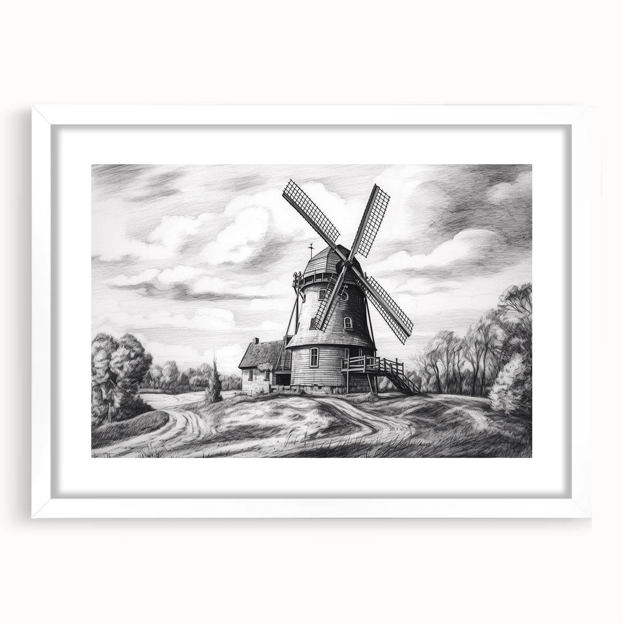 Framed wall art collection showcasing a serene landscape with windmills, featuring a white mat border, ideal for home decor in modern interiors.