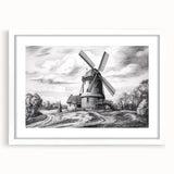 Framed wall art collection showcasing a serene landscape with windmills, featuring a white mat border, ideal for home decor in modern interiors.