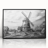 Framed acrylic wall art featuring a picturesque landscape with windmills, designed in a modern style with a sleek black frame, perfect for home decor.