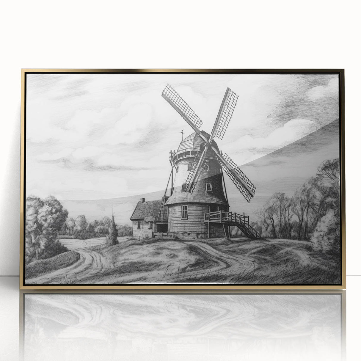 Framed wall art collection featuring a vibrant landscape design with windmills, set against a golden background, perfect for modern home decor.
